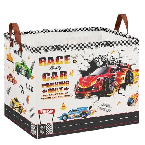 XHWZOF Race Car Toy Storage Basket, Collapsible Kids Laundry Hamper with Parking Sign, Car Themed Storage Organizer Bin for Boys Room, Nursery, Bathroom-36L Tire Toy Box