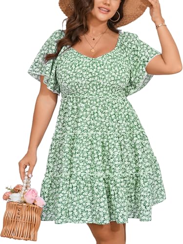 Image of SHESTARR Womens Plus Size Casual Mini Dress Sweetheart Neckline Short Flutter Sleeve Smocked A Line Tiered Ruffle Dresses