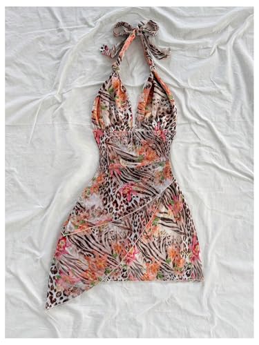 Milumia Women's Floral Leopard Tie Backless Halter Short Dress Sexy V Neck Layered Mesh Mini Dress2