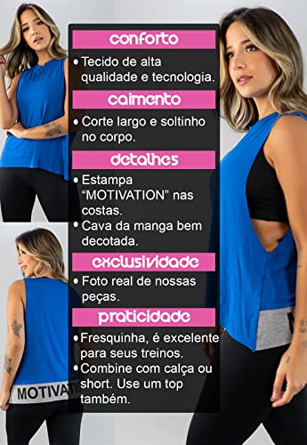 Camiseta Regata Vicbela Motivation Viscolycra Moda Fitness Feminina (G, Azul)