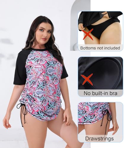 Halcurt Women'S Plus Size Short Sleeve Rash Guard Ruched Side Drawstring Adjustable Swim Shirt Upf50 Quick Dry Swimsuit Top Pink Paisley 3X thumb #1