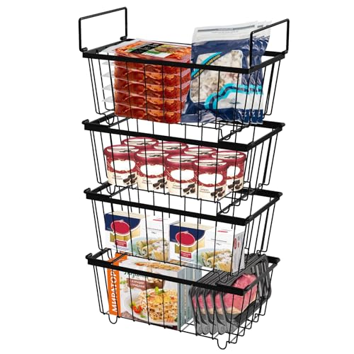 Kweetle 4Pack Freezer Organizer Bins, Stackable Deep Freezer Organizer Bins for Upright Freezer, Wire Storage Baskets with Handles for Easy Access to Bottom Food, Black