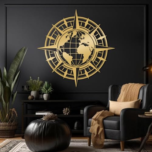 Decoración de Pared Moderna Minimalista de Metal: brújula y mapamundi. Ideal para Oficina, hogar o como Regalo de inauguración (Dorado, 60x60 cm).