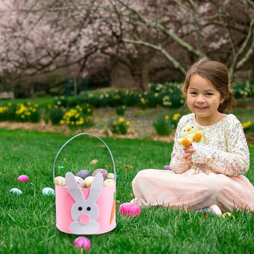 Image of Felt Easter Bunny Basket for Kids Easter Basket Canvas Tote Bunny Egg Hunt Bags,Egg Hunts and Candy Surprises(Pink)