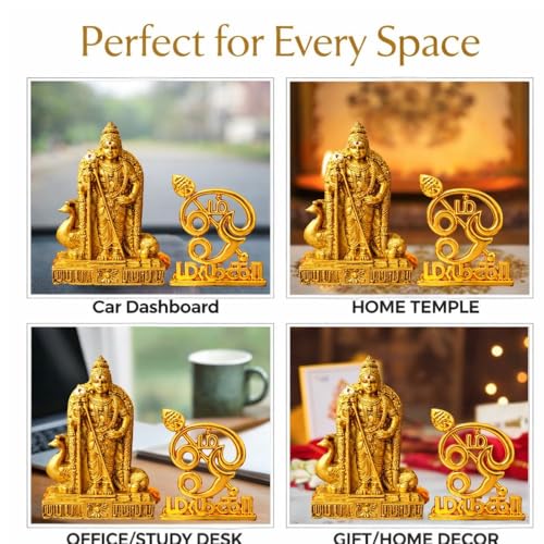 Image of Car Dashboard Lord Murugan Idol with Murugan Vel Combo (10 cm & 7 cm) | Karthikeya Subramanya Swamy Statue for Pooja Mandir & Home Temple (Muruga Statue with Om Murga Metal)