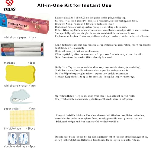 Whiteboard-Papierrolle, 44 x 400 cm, trocken abwischbar, kein Kleber, statisch haftend, Whiteboard-Aufkleber für Wand, Glas, Schule und Büro, tragbar, trocken abwischbar