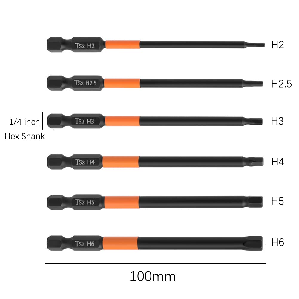 6 szt., 100 mm, sześciokątna końcówka wkrętaka H1.5-H6 Hex Head Screwdriver Bit Set 1/4" sześciokątna końcówka wkrętaka stal S2, głowica sześciokątna do wkrętaków elektrycznych i ręcznych