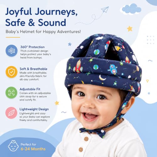 Image of MELVIS Baby Safety Helmet for Crawling & Walking | Soft Cushion Head Protector Helmet for Toddlers 6 Months-2 Years | Adjustable Infant Head Guard - Multi Printed Dark Blue
