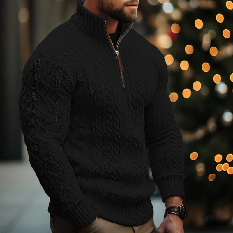 Men's Winter Cable Zipper Turtleneck Jacquard Pullover Sweater, Quarter Zip Cable Knit Sweater, Fashionable and Slim fit2