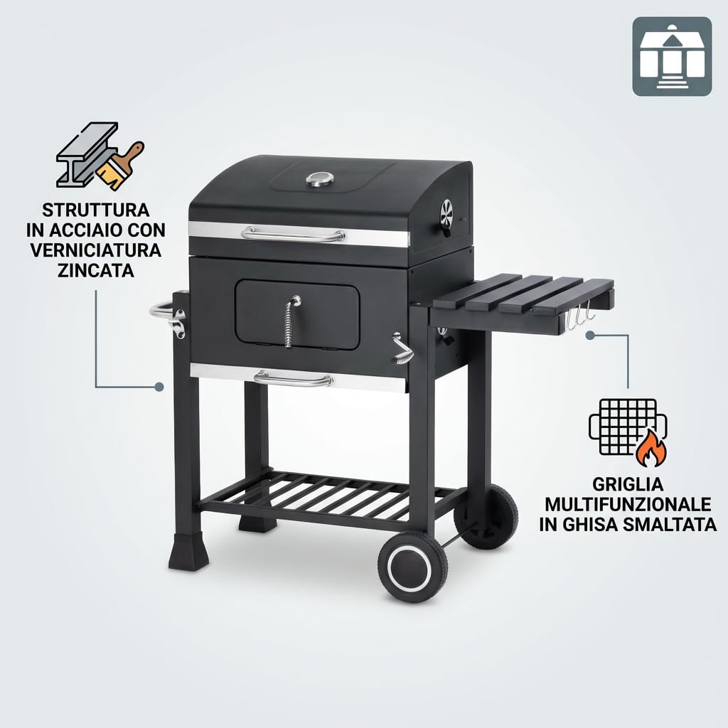 Tarrington House Barbecue a Carbonella MEMPHIS, Acciaio/Ghisa, Ripiano Laterale, Termometro, Ruote, Frangivento, Grigio