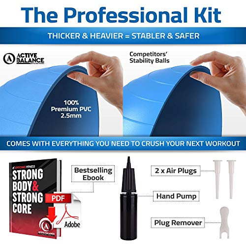 Active Balance Exercise Ball with Resistance Bands & Hand Pump – Premium Balance Ball for Fitness, Health, Relief & More – 75-cm No-Slip Stability Ball by Epitomie Fitness Blue