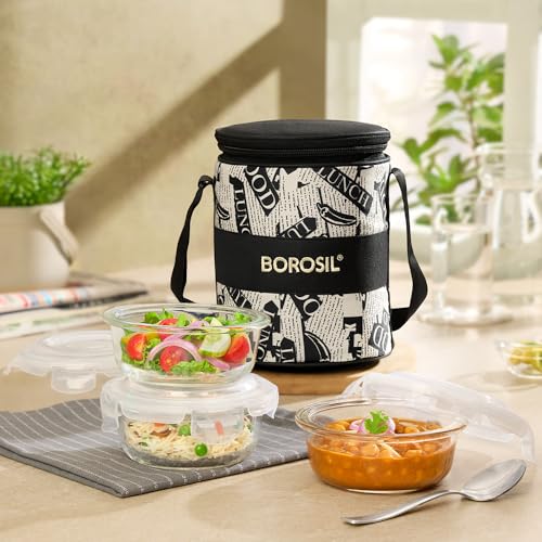 Borosil Nostalgia Borosilicate Glass Lunchbox with Bag | 3 pc Round Container Set (320 ml Each) | Microwave & Dishwasher Safe, Leakproof | Tiffin for 