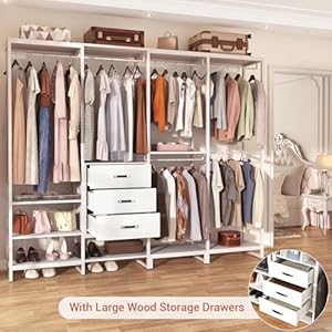Aheaplus Wood Clothes Rack Wardrobe Closet for Hanging Clothes Heavy Duty Garment Rack, Large Corner L Shaped Closet System Organizers Walk-in Closet for Bedroom with 3 Wood Drawers, Pure White Aheaplus Wood Clothes Rack Wardrobe Closet for Hanging Clothes Heavy Duty Garment Rack Large Corner L Shaped Closet System Organizers Walk in Closet for Bedroom with 3 Wood Drawers Pure White