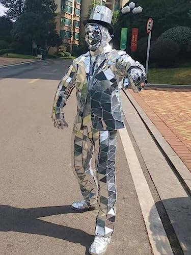 Earthradius Mirror Man Costume Handmade Silver Mirror Show Performance Party Halloween Event Costume Outfit Helmet Mask (C, XL)