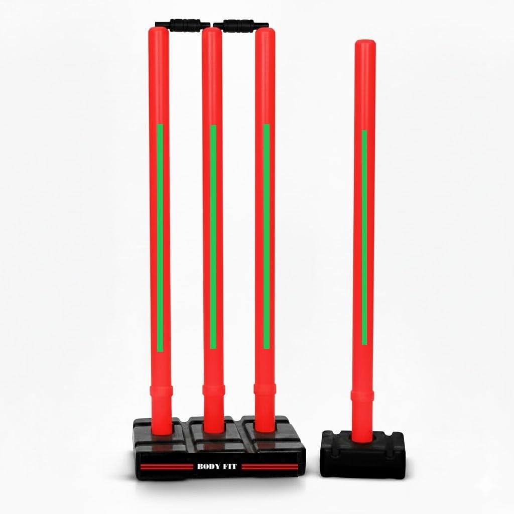 Bodyfit Heavy Cricket Stumps | PVC Wickets Set with 4 Stumps + 2 Bails + 2 Stands | Full Size Wickets for Cricket Ground, Tournament Wicket, Floro-Red-Green.-image-28