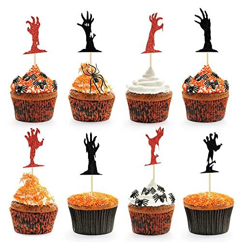 32 Pack Halloween Zombie Hand Cupcake Toppers Picks Glitter Black And Red Hand Cupcake Decorations For Halloween Theme Gender Reveal Decoration Party Supply #TOP21