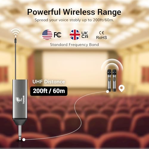 TONOR Wireless Microphones, UHF Dual Cordless Metal Dynamic Mic System with Rechargeable Receiver, for Karaoke Singing, Wedding, DJ, Party, Speech, Church, Class Use, 200ft TW630 Silver - Image 4