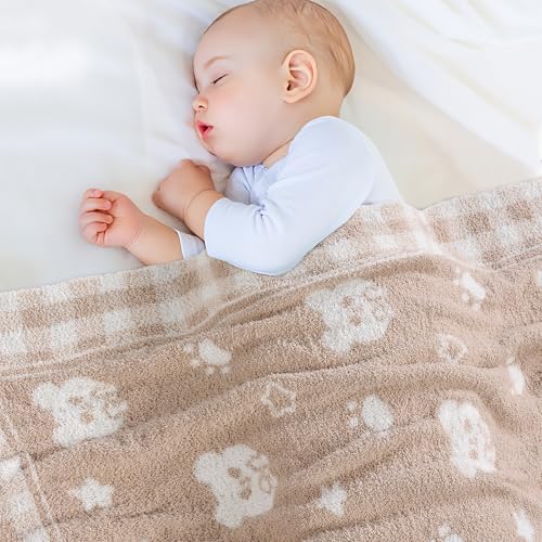 Image of Beige Teddy Bear Baby Blanket 30x40 Inch Soft Knitted Plush Throw, Nursery Essentials for Newborn Boys Girls Toddler, Chenille Swaddle Blanket