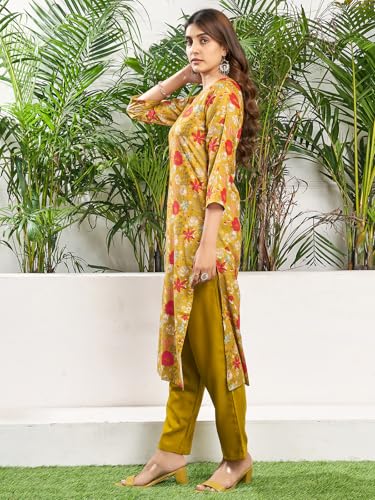 Sanisa Women's Cotton Blend Floral Printed Straight Kurta With Pant And Dupatta Set (221Kbd2342N-Xxl_Mustard Yellow & Multi)