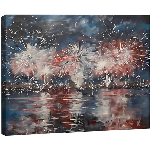 Image of Patriotic 4th of July Fireworks Framed Canvas Wall Art, Red White Blue City Night Skyline Painting, Independence Day Holiday Decor for Living Room, Bedroom, Kitchen and Home Decoration