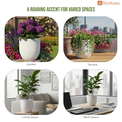 Image of Bonkaso 8 Inch Jaguar Planter for Indoor & Outdoor Use | Round Heavy Duty Polymer Flower Pot | Lightweight Weather Resistant Modern Gamla for Living Room Balcony & Terrace (White)
