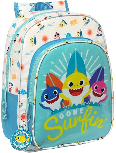 BABY SHARK SURFING Animierter Schulrucksack, Kinderrucksack, Kinderrucksack, anpassbar an den Kinderwagen, ideal für Schulkinder, bequem und vielseitig, 26 x 11 x 34 cm, Blau und Weiß, blau/weiß,