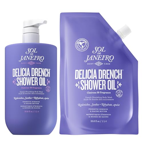 Sol de Janeiro Delicia Drench Shower Oil & Refill Pouch Bundle | Moisturizing Cleansing Oil Body Wash | 1 Liter each | Amazon Exclusive