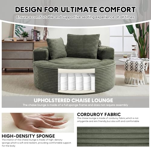 Image of Oversized Round Chair Lounge Chaise Indoor, 55.5 inch Upholstered Corduroy Deep Seat Single Cloud Sofa Chair with Cup Holder, Modern Large Circle Boneless Sleeper Sofa for Living Room,Green