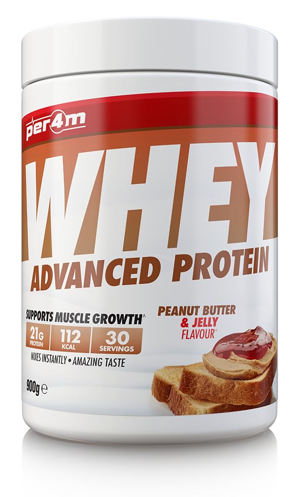 per4mProtein Whey Powder | 30 Servings of High Protein Shake with Amino Acids | for Optimal Nutrition When Training | Low Sugar Gym Supplements (Peanut Butter & Jelly, 900g)