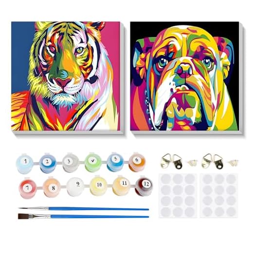 MOGTAA 2 Pack Animales Pintar con Numeros con Marco, Tigre y perro Kit Pintar por Numeros para Adultos Niños, Equipo De Bricolaje Acrílica Al Óleo Pintura para decoración del hogar 20x20cm