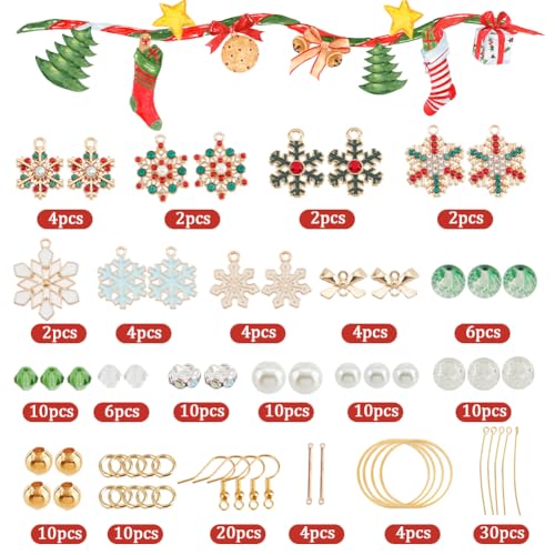 SUNNYCLUE 1 Box DIY 10 works Christmas Charms Rhinestone Snowflake Charms Earrings Making Kit Enamel Snow Bowknot Connector Bar Links Glass Beads Earring Hooks for Jewellery Making Kits - Image 2