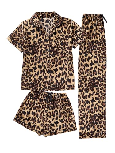 BEAUDRM Womens 3 Piece Leopard Pajama Set Cheetah Short Sleeve Button Down Shirts and Shorts Pants Set Brown Large