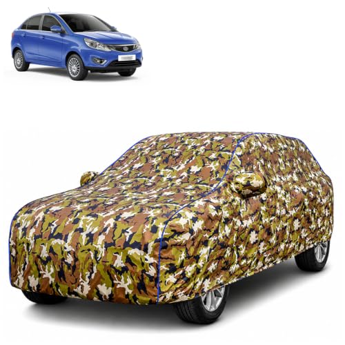 Image of Waterproof Car Body Cover for TATA Zest with Mirror Pocket| Cotton Inner Lining | Triple Stitched | All Weather Protection | Dust, UV & Rain Proof (Camouflage with Blue Piping)
