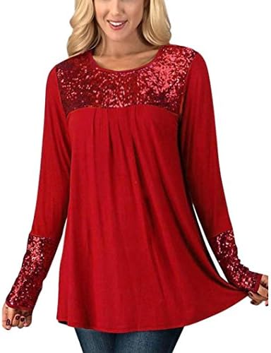 Goddessvan Women's Tops Long Sleeve Sequins O-Neck Casual Tunic Blouse Shirt Pullover (XL, Red)