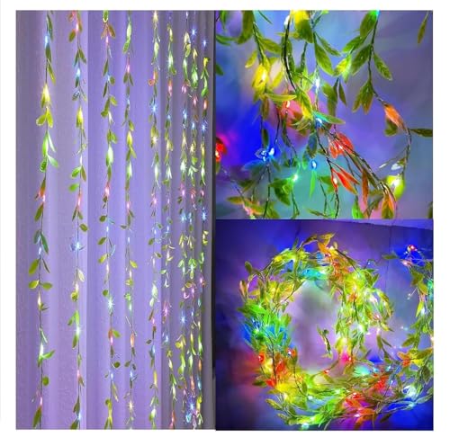 Image of URM LED Vine Curtain Lights Plug-in for Decoration, Multicolor Fairy String Lights with Artificial Leaves, Wall Hanging Lights for Room, Bedroom, Balcony, Wedding, Diwali, Party Decor