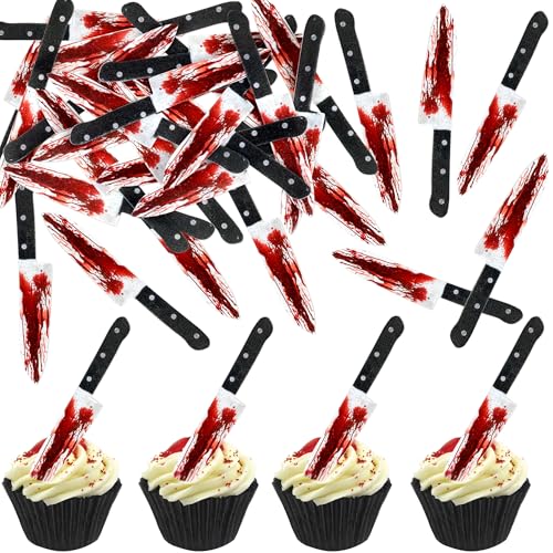 Ercadio 65Pcs Edible Bloody Knife Cupcake Toppers Horror Bleeding Knives Cupcake Decors for Horror Bloody Birthday Cupcake Decorations Edible Retro Halloween Party Cupcake Cake Decoration Supplies