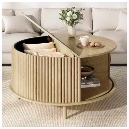 Vanvuson Round Coffee Table with Storage for Living Room,31.5",Natural Oak