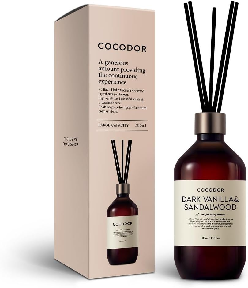 Cocod'or Premium Reed Diffuser/16.9oz(500ml)/1 Pack/Fragrance Scent Essential Oil with Stick Diffuser Set for Home Bathroom Shelf Dรฉcor (Dark Vanilla & Sandal Wood)