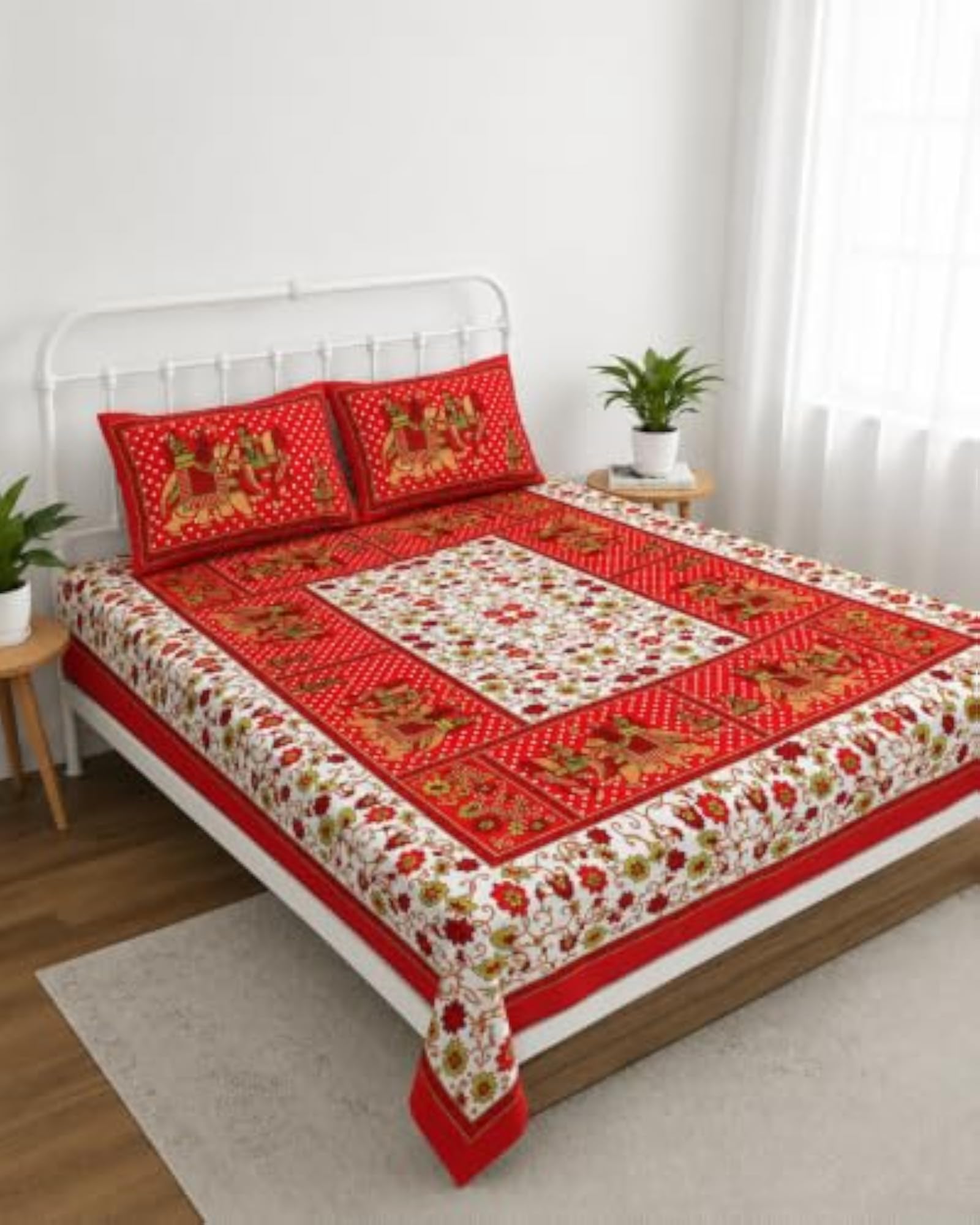 Rajasthani Jaipuri Printed Double Size Bedsheet with 2 Pillow Covers