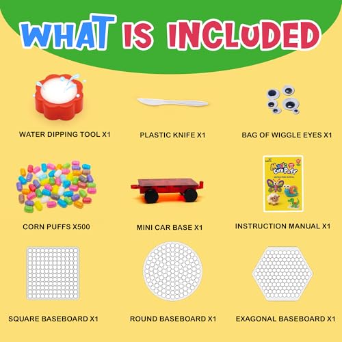 Kiditos Magic Puff Corn Building Kit – 3D Colorful Craft for Kids, DIY Art Set with Sticky Corn Pieces, Templates & Tools – Sensory, Educational & Mess-Free Play for Ages 3+