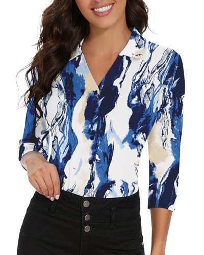 Image of Soneven Womens Golf Polo Shirts 3 /4 Long Sleeve V Neck Button Down Shirts Business Causal Work Blouses Tops