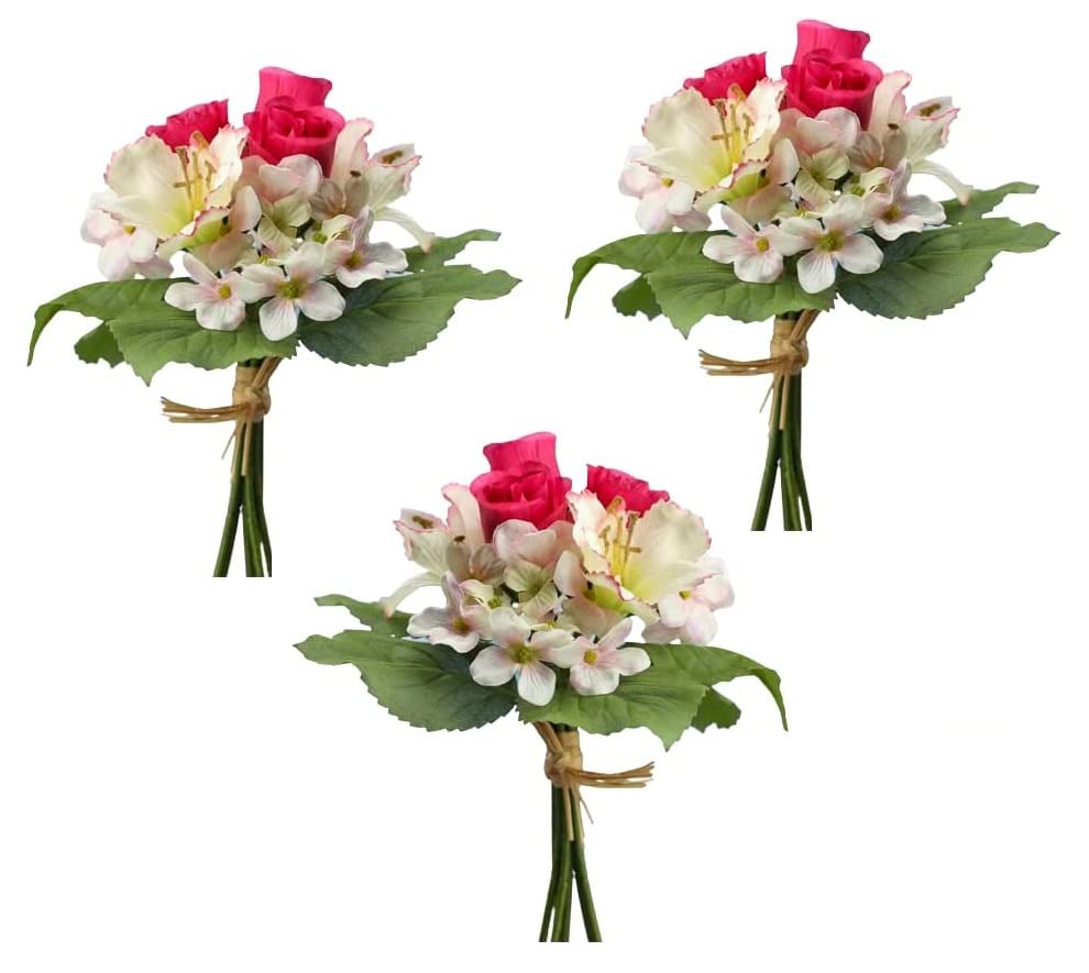 Factory Direct Craft Package of 3 Mini Powder Pink Artificial Hydrangea with Shocking Pink Rosebud Center Bouquets- Silk Flowers for Weddings and Arrangements
