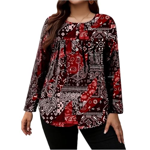 Oberteil Damen Bluse Damen Elegant Langarm V Ausschnitt Paisley Muster Tunika Locker Casual Oberteil für Café und Herbst XL Red
