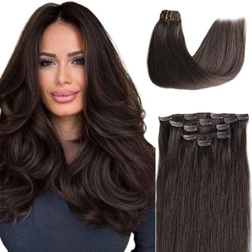 Image of Hair Extensions Real Human Hair Clip ins, 22 Inch Clip in Hair Extensions #2 Dark Brown Long Straight for Fashion Women