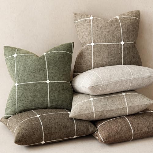 Image of Foindtower Pack of 2 Decorative Faux Linen Jacquard Check Throw Pillow Covers Farmhouse Cushion Cover with Grid Textured Accent Pillowcase for Couch Sofa Living Room Home Decor,18x18 Inch,Olive Green