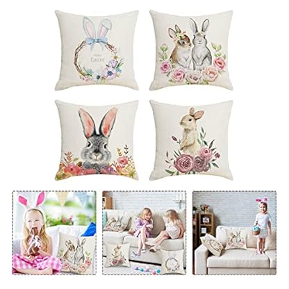 Generisch 4er Set Ostern Kissenbezug 45x45cm,Mode Hasen Blumen Ostereier Leinen Dekokissen Cases Home Kissenbezug FrüHling 40x40 Kissen FrüHling FüR Wohnzimmer Sofa BüRo Auto Dekor – Bild 4