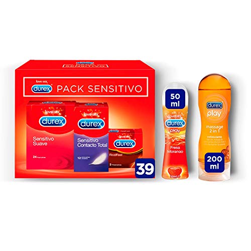 Durex Pack Preservativos Sensitivo Suave Contacto Total + Real Feel + Gel de Masaje Estimulate + Lubricante Sabor Fresa - 39 condones