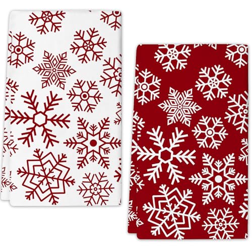 JOOCAR Christmas Snowflake Kitchen Towels Dish Towels Set of 2 16x27 Inch Seasonal Soft Drying Dishcloth Red and White Decoration Hand Towels