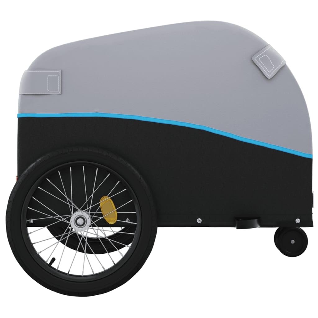 Remolque para bicicleta de hierro negro y azul, 30 kg, con bandera de seguridad y barra de tiro, plegable, para exteriores, compras, excursiones, ciudad, naturaleza, etc