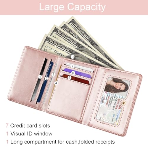 Image of Trifold Small RFID Blocking Wallet Pocket Cute Short Slim Sparkling Credit Card Holder Leather Keychain Ladies Mini Purse with ID Window, Glitter Rose Gold
